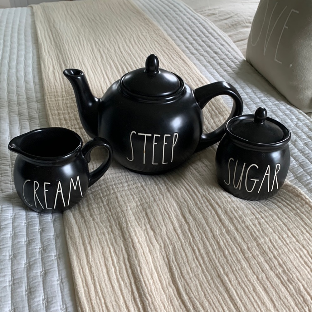 Rae Dunn BLACK TEA POT and CREAM and Sugar bowl